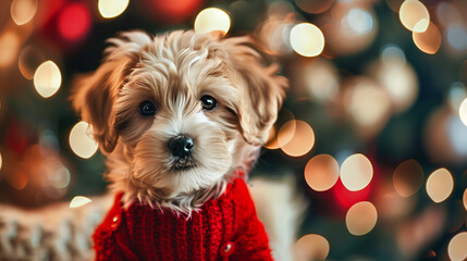 A puppy in a cozy sweater, Christmas joy in the eyes of a puppy.