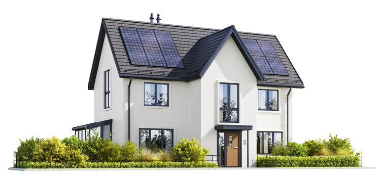 Modern house with solar panels on a transparent background