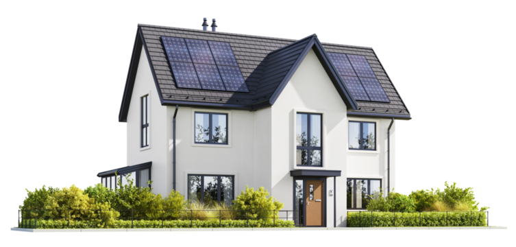 Modern house with solar panels on a transparent background