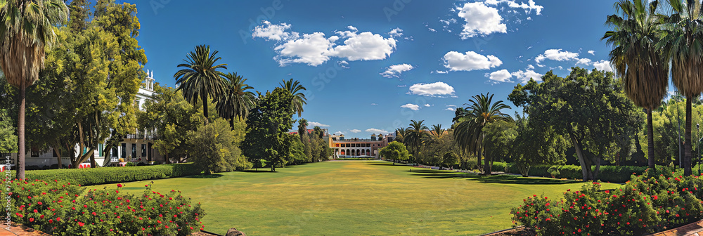 Poster a vibrant grassy field, adorned with tall trees and lush bushes, creates a harmonious blend of green