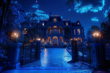A mansion with opulent outdoor lighting in a gated estate with a midnight blue sky
