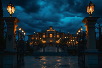 A mansion with opulent outdoor lighting in a gated estate with a midnight blue sky
