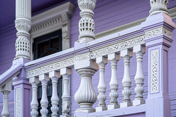 A detailed view of an Italianate porch with intricate railings and balustrade, showcasing the house...