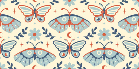 Boho style vector seamless wallpaper. Vintage background with moth and butterfly. Light spring garden aesthetic. Muted Limited palette seamless graphic for fabric, all over design