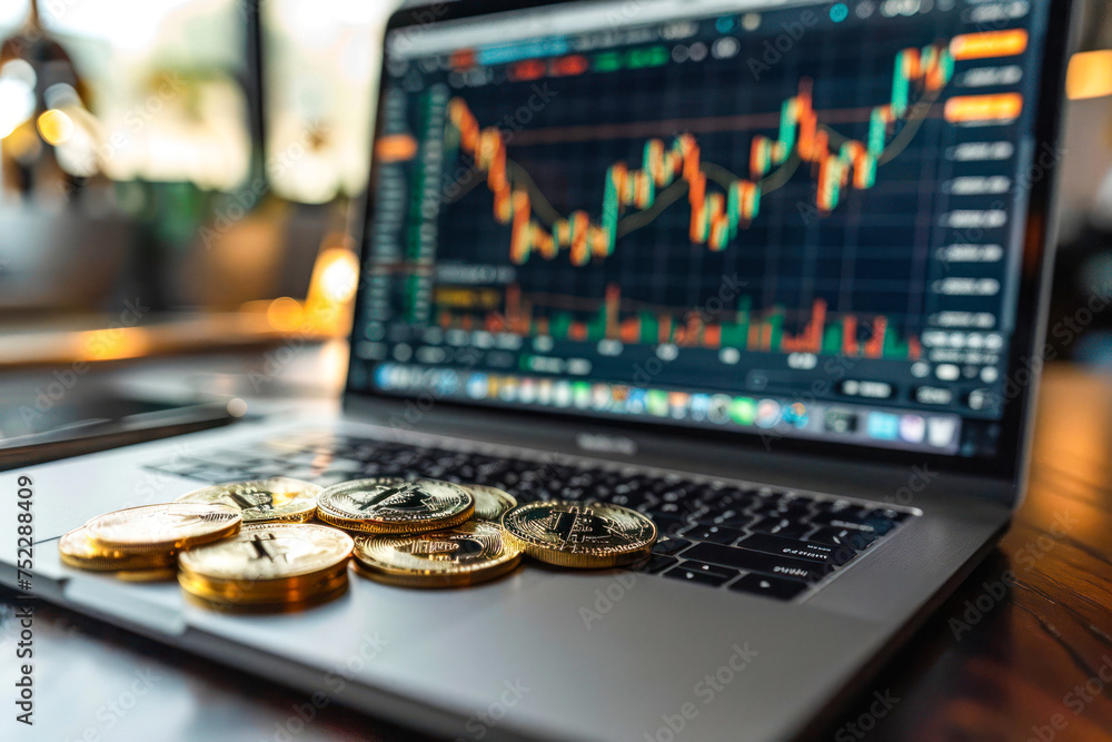 Poster A close-up image of a laptop displaying cryptocurrency analysis charts with physical Bitcoin coins in the foreground