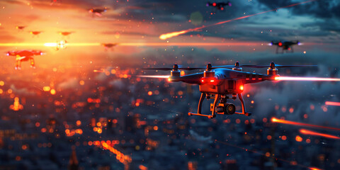 3D Jet plane emitting hot flames and embers over a city - obrazy, fototapety, plakaty