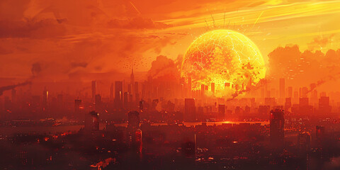 3d illustration of nuclear warhead fell on the city smoke and fire mushroom hat.