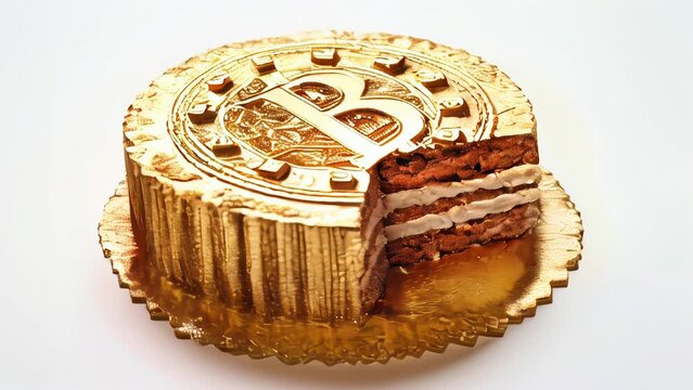 sculptural masterpiece of a bitcoin cake, intricately crafted from chocolate and fondant. As a nod to halving event, represents the future potential and innovation of the cryptocurrency. AI-Generated.