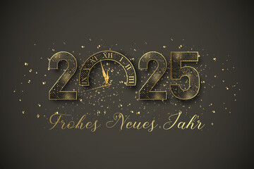 Karte oder Stirnband, um ein frohes neues Jahr 2025 in Grau und Gold zu wünschen Die 0 wird durch eine Uhr auf grauem Hintergrund mit goldenem Glitzer ersetzt - obrazy, fototapety, plakaty
