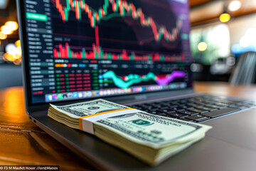 Crisp dollar bills lay in front of laptop showing stock market trends with visible screen graphics