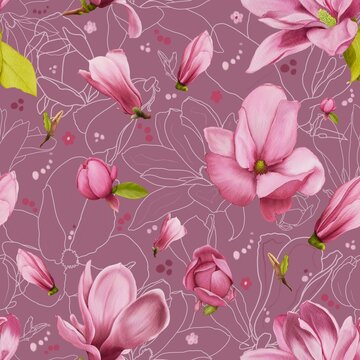 Watercolor pattern with pink magnolia flowers