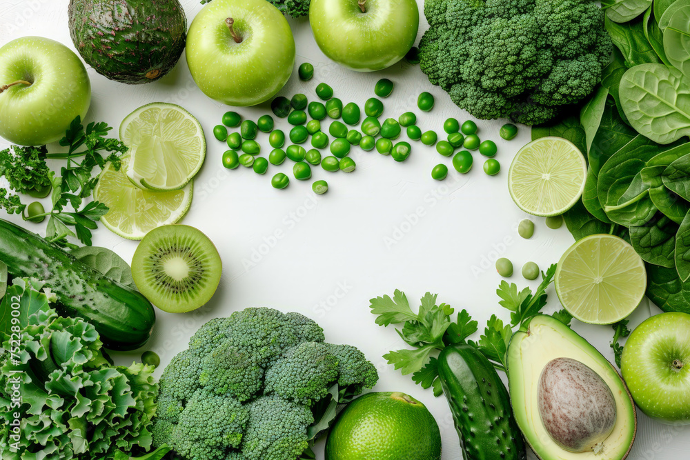 Poster A variety of green fruits and vegetables are displayed in abundance white background , creating a vibrant and inviting scene