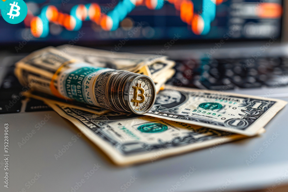 Poster cryptocurrency concept with bitcoin over dollar bills and a blurred trading chart in the background