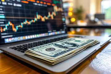 Fototapeta premium Detailed view of a laptop's screen with clear stock market data and a neat stack of US dollar bills in front