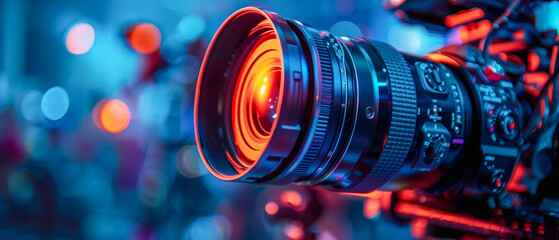 A camera lens with a red dot in the center - obrazy, fototapety, plakaty