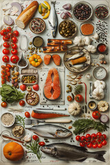 Assorted Fresh Mediterranean Ingredients with Various Fish on White Background