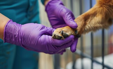 Tender moment of caring: human hands in purple gloves hold a dog's paw, symbolizing veterinary care and animal protection