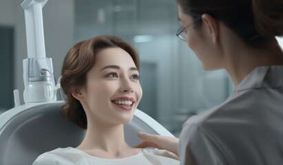 Happy woman getting dental checkup at dentistry. Dentist using dental equipment for examination of teeth of a female patient. Generative AI.