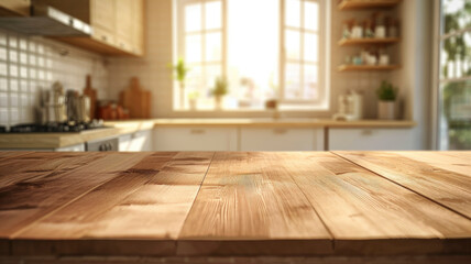 Empty wooden tabletop podium and blurred background window kitchen interior