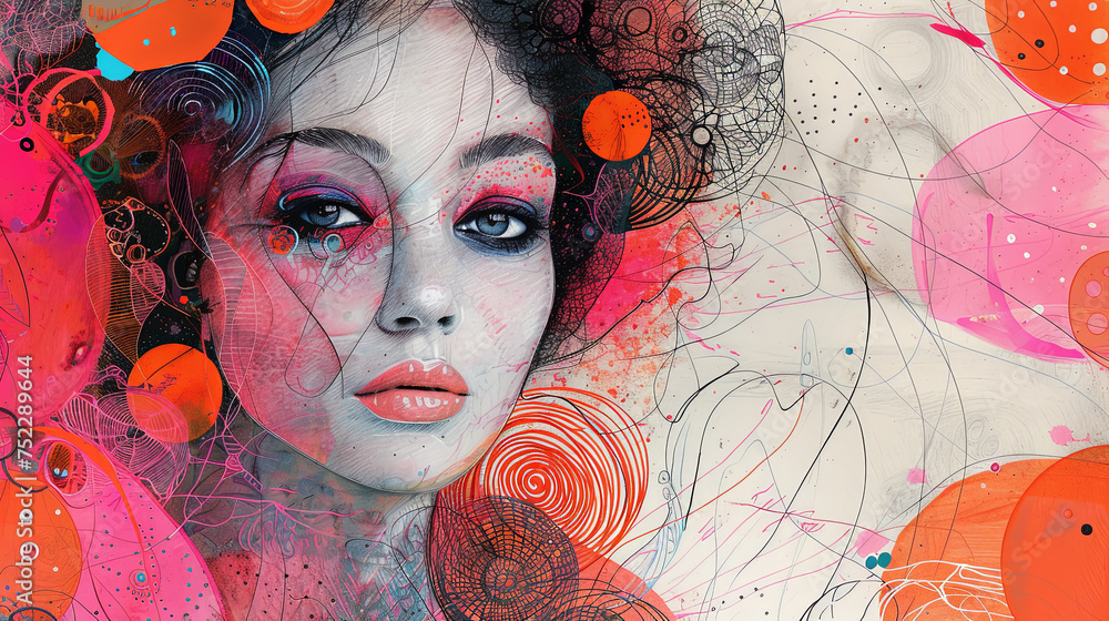 Poster A mesmerizing painting featuring a womans face captured within a series of interconnected circles, creating a sense of depth and mystery