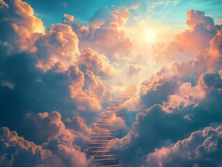 Stair on the cloud ,The way to success concept,Background. - obrazy, fototapety, plakaty