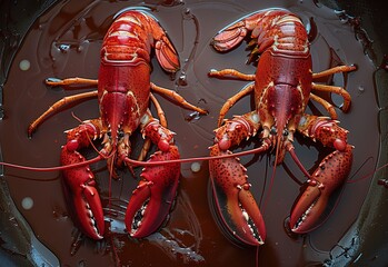 Vibrant red lobsters: freshly prepared delicacies on a dark surface