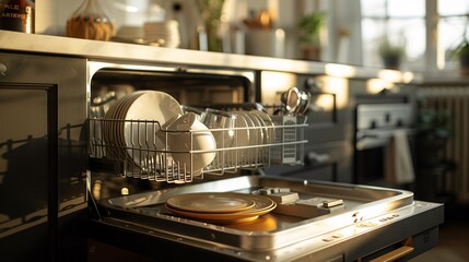 Warmly lit kitchen scene emphasizing cleanliness and order inside a dishwasher
