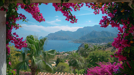 Tranquil scene of Breathtaking seaside view framed by vibrant bougainvillea flowers. - obrazy, fototapety, plakaty