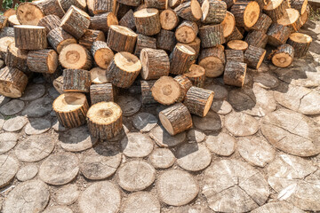Circle cut pine tree pieces on garden road paved with wooden step stones. Natural material for rural track covering. Building supplies heap - 752290231