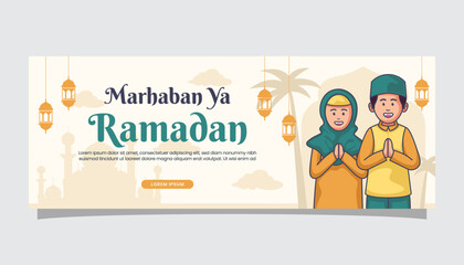 Welcome Ramadan Kareem islamic illustration greetings on banner cover page