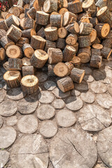 Circle cut pine tree pieces on garden road paved with wooden step stones. Natural material for rural track covering. Building supplies heap - 752290490