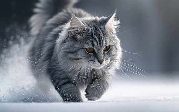 a cat running in the snow