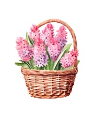 Watercolor illustration of a wicker basket with bouquet of pink hyacinths isolated on white background.