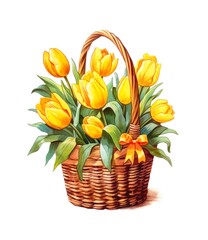 Watercolor illustration of a wicker basket with bouquet of yellow tulips isolated on white background.