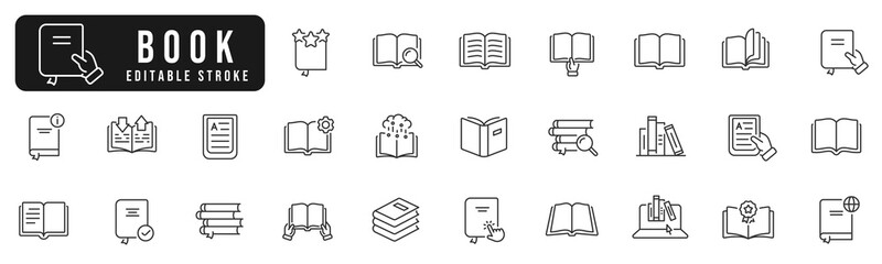 Book line icon set. Library, diary, open book, pages, bookmark, magazine, ebook etc. Editable stroke