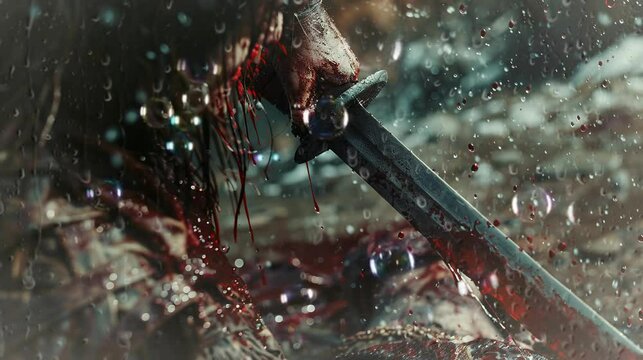 a sword filled with blood. seamless looping time-lapse virtual 4k video Animation Background.