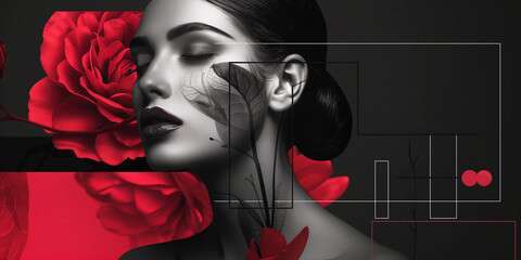 The face of a beautiful girl and abstract flowers on a black and red background. Banner, card for presentation of beauty salon with empty space for text, postcard