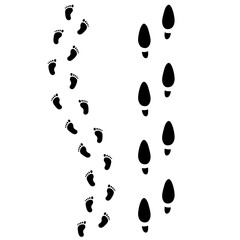 Human step footprints paths. Step by step vector isolated on white background. Trace of female and children's footprints. Track from shoe sole prints. Road of human feet.
