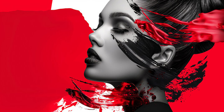 The face of a beautiful girl and an abstract drawing with black and red paint on a red background, side view. Banner, product presentation card with empty space for text