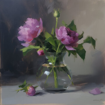 an oil painting of pink peonies in glass vase with green leaves