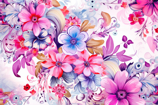 a colorful floral pattern with a unique arrangement of flowers and decorations