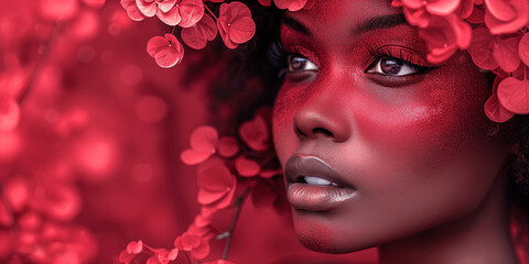 Face of a beautiful African American girl with art makeup on a red background with spring flowers, close-up. Banner, card for product presentation with place for text. Women's Day