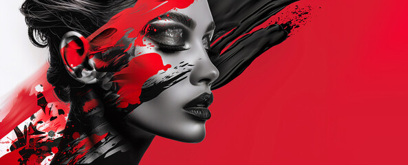 The face of a beautiful girl and an abstract drawing with black and red paint on a red background, side view. Banner, product presentation card with empty space for text. Women's Day