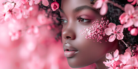 Portrait of a beautiful African American girl on a pink background with spring cherry blossoms. Banner, card for product presentation with place for text. Women's Day