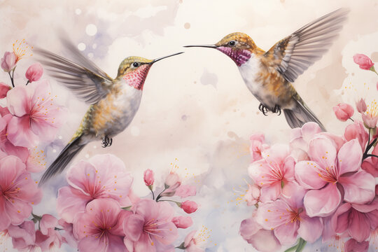 two watercolor painting of hummingbird near pink flowers