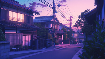A beautiful japanese tokyo city town in the evening. houses at the street. anime comics artstyle....