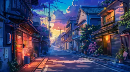 Foto op Plexiglas A beautiful japanese tokyo city town in the evening. houses at the street. anime comics artstyle. cozy lofi asian architecture © rabia