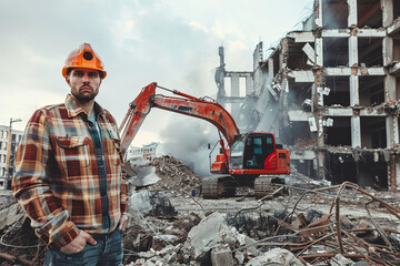Demolition man. Worker foreman inspector builder at demolition building area. excavator machine at destroying works on construction site