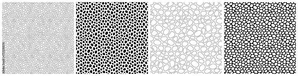 Poster black and white stones seamless patterns vector set. irregular pebbles and rocks shapes repeated bac