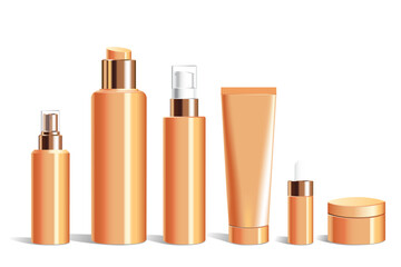 Realistic plastic  packaging for cosmetic product, with golden caps. Vector cosmetic mockup isolated on white background.